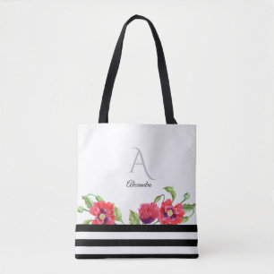 Tote Bag Aquarelle Rouge Poppies Floral Art Monogramme