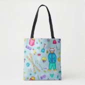 Tote Bag Aquarelle Ski Pika Illustration sur Blue (Devant)