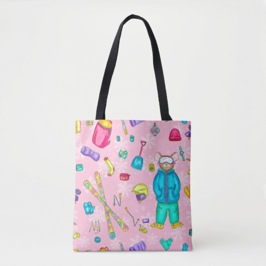 Tote Bag Aquarelle Ski Pika sur neige rose avec engrenage (Devant)