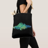 Tote Bag Aquarelle Skyline de Chicago en bleu et vert (De près)