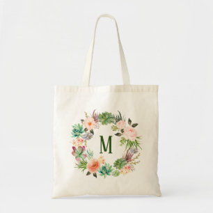 Tote Bag Aquarelle Succulente Florale Monogramme Sirène