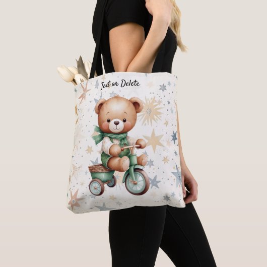 Tote Bag Aquarelle Teddy Bear Stars Vert Vélo Beau (De près)
