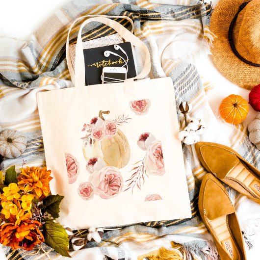 Tote Bag Aquarelle tendance Citrouille et fleurs | Automne