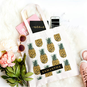 Tote Bag Aquarelle tropicale Motif ananas avec nom