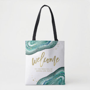 Tote Bag Aquarelle Turquoise et Gold Look Geode   Bienvenue