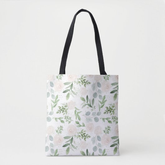 Tote Bag Aquarelle vert et fleurs blanches Motif (Devant)
