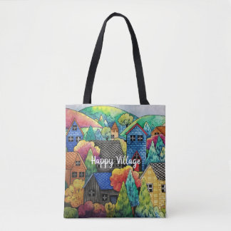 Tote Bag Aquarelle Village Sur La Colline Avec Maisons Colo