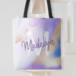 Tote Bag Aquarelle violet Abstrait Girly Luxury Monogramme<br><div class="desc">Personnalisez facilement ce style glamour abstrait couleur lilas peinture et faux or spray arrière - plan avec vos détails personnalisés.</div>