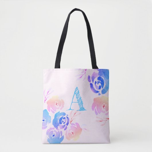 Tote Bag Aquarelle violette et rose Fleurs et feuillage (Devant)