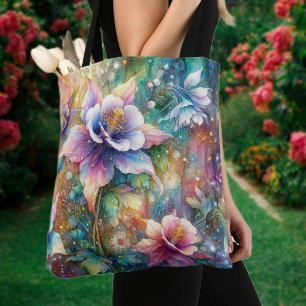 Tote Bag Aquarelle Whimsical Colorful Columbine Flowers