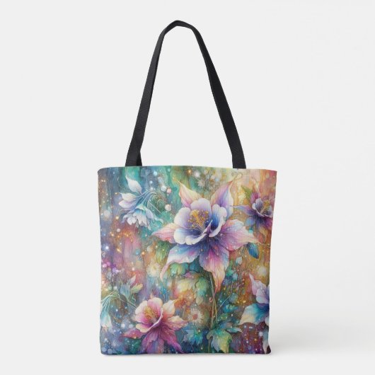 Tote Bag Aquarelle Whimsical Colorful Columbine Flowers (Dos)