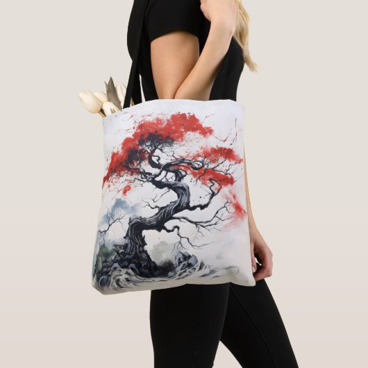 Tote Bag Arbre Abstrait rouge noir (De près)