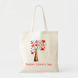 Tote Bag Arbre de coeurs à l'aquarelle nom de la bibliothèq