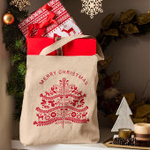 Tote Bag Arbre de Noël d'art populaire scandinave rouge