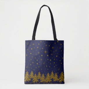 Tote Bag Arbre de Noël en or brillant, étoiles, neige sur b