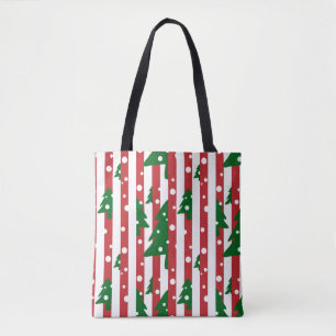 Tote Bag Arbre de Noël moderne motif rouge vert rayé