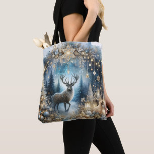 Tote Bag Arbre de Noël Renne Aquarelle de la Forêt