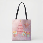 Tote Bag Arbre De Noël Rose Et Étoiles D'Or (Devant)