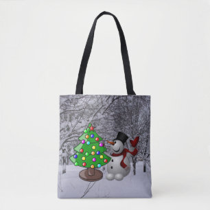 Tote Bag Arbre de Noël, Snowman, Scène De Neige Imprimé