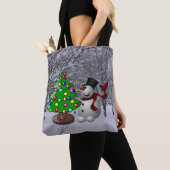Tote Bag Arbre de Noël, Snowman, Scène De Neige Imprimé (De près)