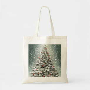 Tote Bag Arbre de Noël vert Ornements colorés Neige blanche