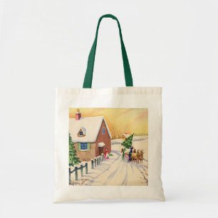 Tote Bag Arbre de Noël vintage sur une route enneigée d'hiv