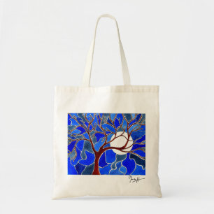 Tote Bag Arbre et lune sur la toile - bleu