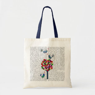 Tote Bag Arbre et oiseaux de bouton bleus