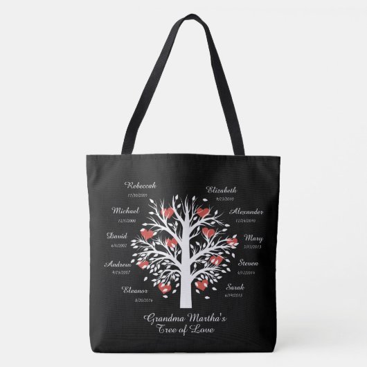 Tote Bag Arbre grand-mère (coeurs) 10 noms/anniversaires Sa (Devant)