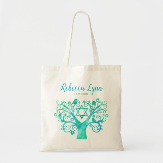 Tote Bag Arbre vert turquoise d'aquarelle de bat mitzvah de (Devant)
