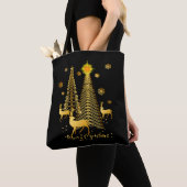 Tote Bag Arbres de Noël d'or et rennes (De près)
