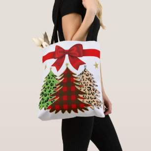 Tote Bag Arbres de Noël rouge, vert et or avec Bow rouge