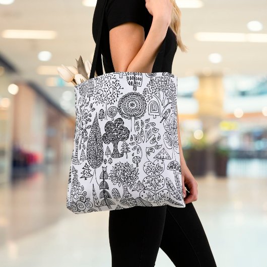 Tote Bag Arbres Main noire et blanche dessinée Art moderne