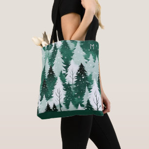 Tote Bag Arbres Persistants Forêt d'Hiver Neige Monogramme