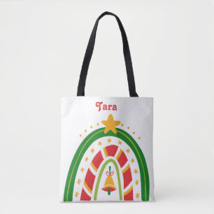 Tote Bag Arc-en-ciel de Noël rouge et vert personnalisé