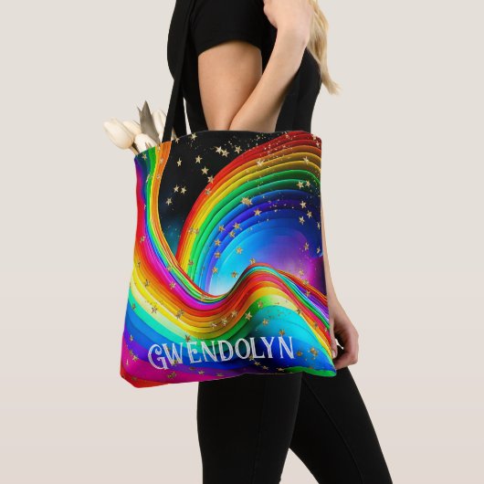 Tote Bag Arc en ciel et étoiles d'or (De près)