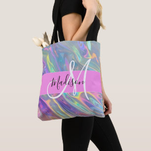 Tote Bag Arc-en-ciel girly holographique iridescent monogra