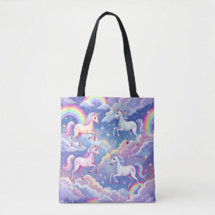 Tote Bag Arc-en-ciel scintillant et licornes sur des nuages