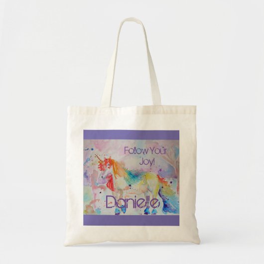 Tote Bag Arc en ciel Unicorne Aquarelle pourpre mou enfants (Devant)
