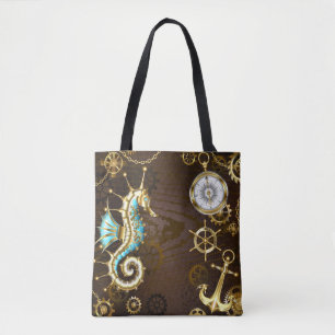 Tote Bag Arrière - plan en bois avec cheval de mer mécaniqu