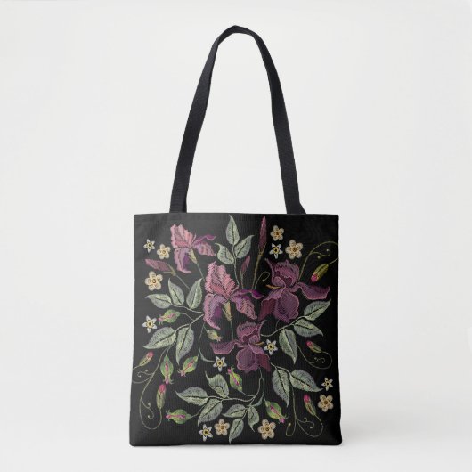Tote Bag Arrière - plan noir Irises pourpres brodé. (Devant)