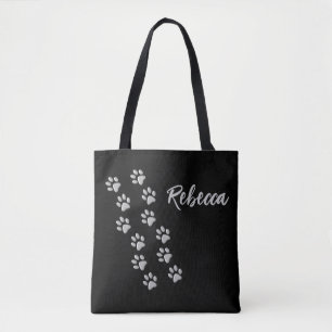 Tote Bag Arrière - plan noir Silver Dog Paws Motif d'impres