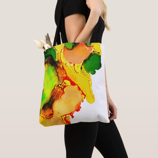 Tote Bag art Abstrait alcool encre jaune vert (De près)