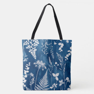 Tote Bag Art botanique de fougère en cyanotype bleu indigo 