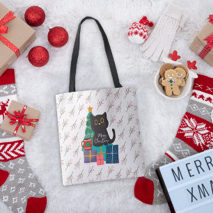 Tote Bag Art de café de chat noir mignon Noël festif