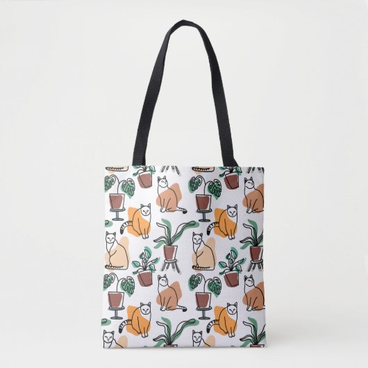 Tote Bag Art de trait dessin chats et fleurs (Devant)