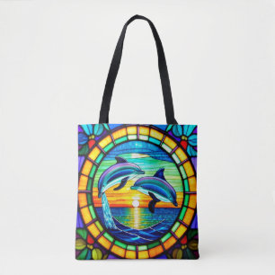Tote Bag Art de verre coloré avec des dauphins bondissant a