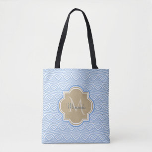 Tote Bag Art Déco Bleu clair Balances de poisson Tan Monogr