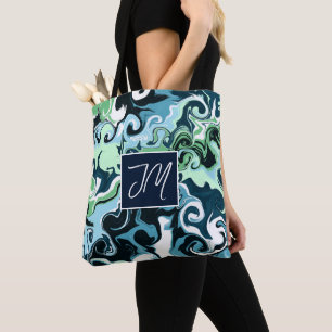 Tote Bag Art en marbre bleu et gris vert
