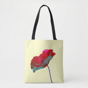 Tote Bag Art floral de pavot rouge et bleu imprimé sur crèm